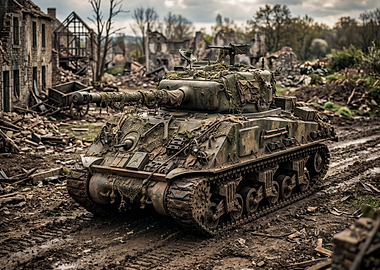 Sherman Tank in Ruined Village