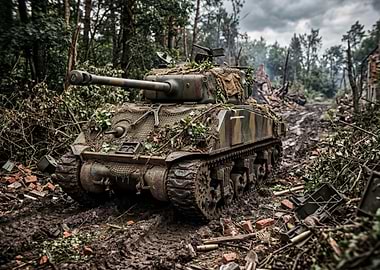 Camouflaged Tank in Muddy Forest