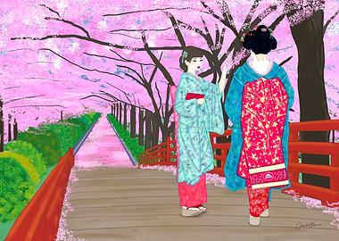 Japanese Sakura Garden: Geishas on Red Bridge