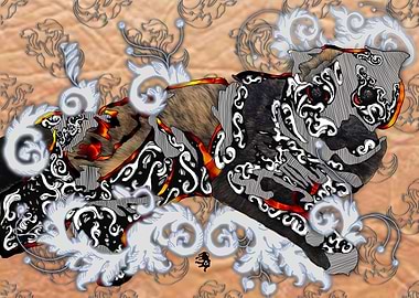 Cat drawing with fur texture and filigree Accents