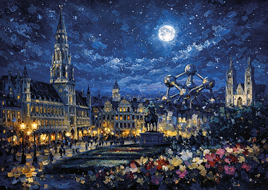 Brussels, Belgium Cityscape at Night