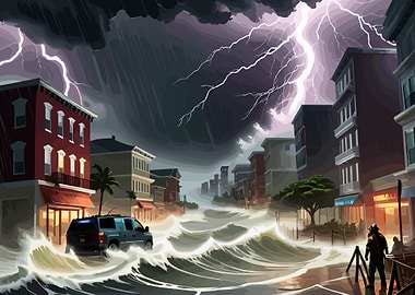 Flooded City During a Thunderstorm