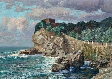 Coastal Cliff with Building and Sea