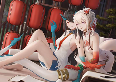 Two anime girls in traditional Chinese dresses