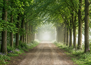 Misty Forest Road Lined with Trees