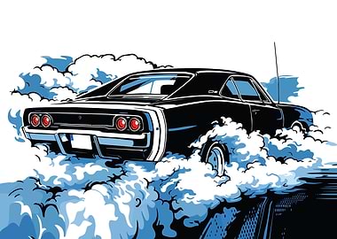 Black Dodge Charger Drifting in Smoke
