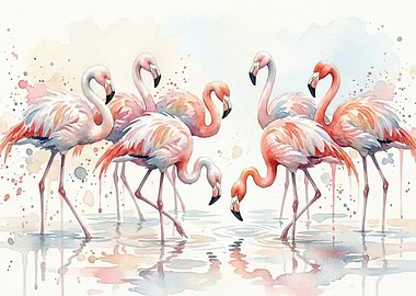 Watercolor Flamingos in Water