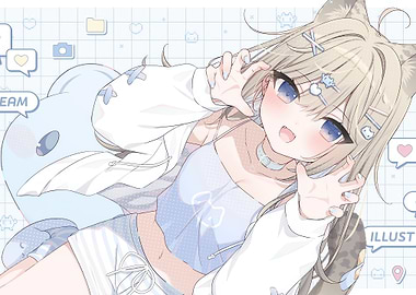 Cute Anime Cat Girl with Plush Toy