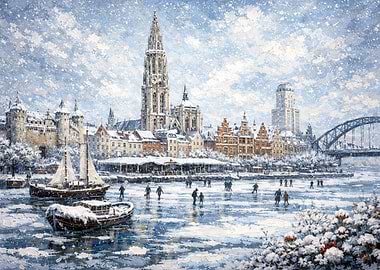 Antwerp, Belgium. Winter Cityscape with Ice Skaters