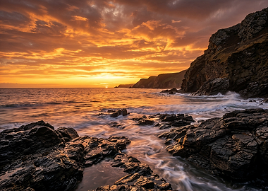 Dramatic Sunset Over Rocky Coastline