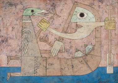 Surreal Bird and Humanoid Figures in a Boat