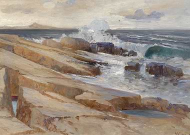 Waves crashing on rocky shore