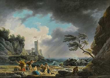 Shipwrecked sailors on a stormy coast