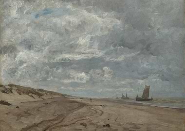 Beach scene with sailboats under cloudy sky