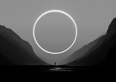 Man in front of a glowing ring in mountains