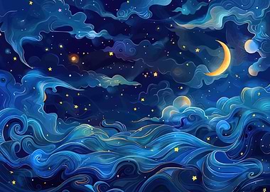 Dreamy Night Sky with Moon and Clouds