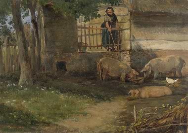 Farm Scene with Pigs and Woman