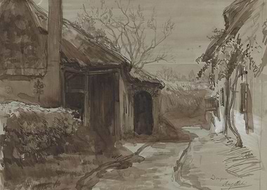 Rural Village Scene with Buildings and Trees