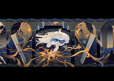 Anime girl in blue dress with flowing hair