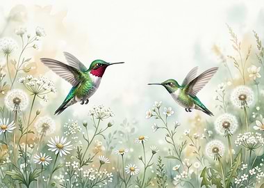 Two Hummingbirds in a Field of Flowers