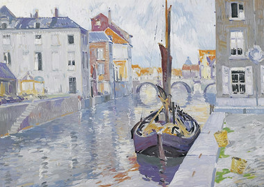 Canal scene with boat and buildings