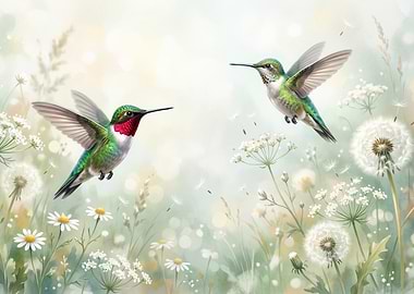 Two Hummingbirds in a Field of Flowers
