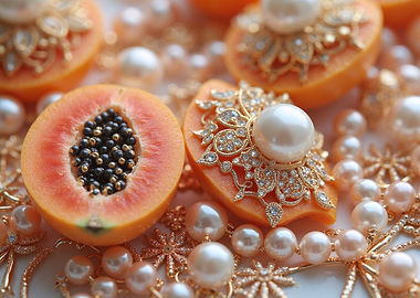 Papaya Halves with Pearls and Jewelry
