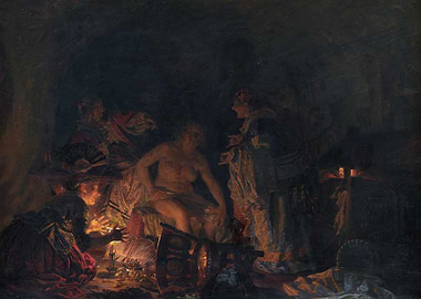 Scene with figures illuminated by candlelight