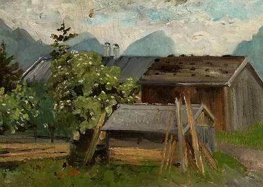 Rural Farm Scene with Mountains