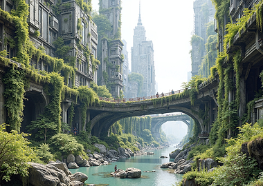 Overgrown Cityscape with River and Bridges