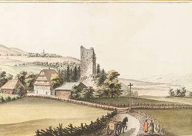 Rural landscape with castle ruins and farm