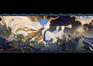 Girl with Trumpet Leading a Crowd