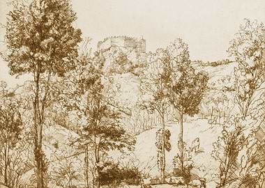 Sketch of a Ruined Castle on a Hillside