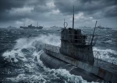 Submarine in stormy seas with convoy