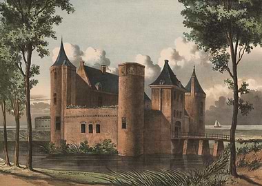 Watercolor painting of a castle by a moat