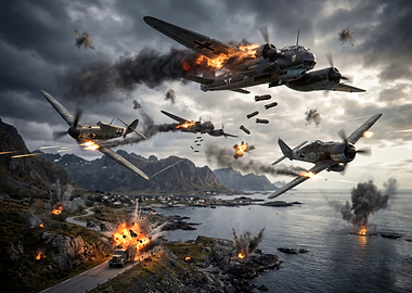 World War II Aerial Combat Over Coastal Town
