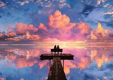 Two figures on a dock at sunset