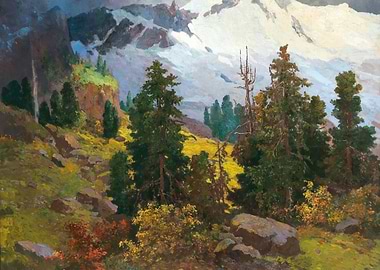 Mountain Landscape with Trees and Rocks