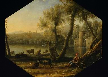 Pastoral landscape with shepherd and livestock