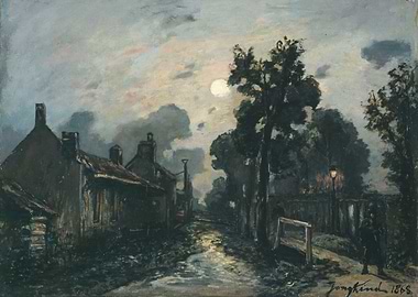 Moonlit Village Street Scene