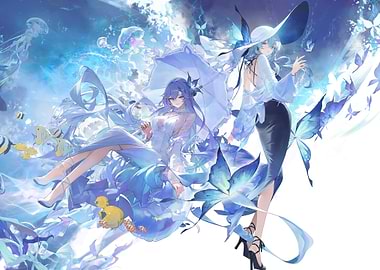 Anime Girls in Blue Underwater Fantasy