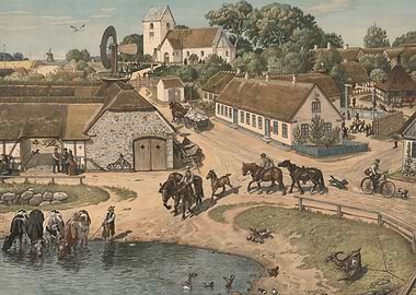 Pastoral Village Scene with Animals and People
