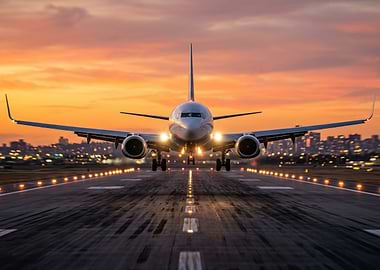 Airplane Landing at Sunset