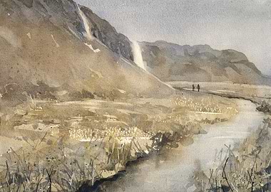 Watercolor Landscape with Waterfall and Hikers