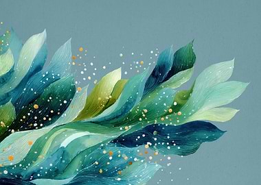 Abstract Watercolor Leaves with Gold and White Splatter