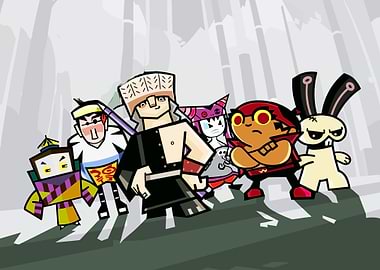 Cartoon characters in a bamboo forest