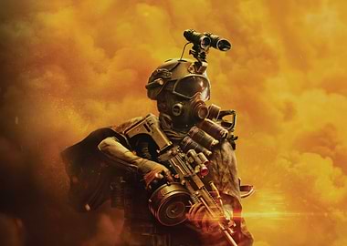 Soldier with Gas Mask and Rifle