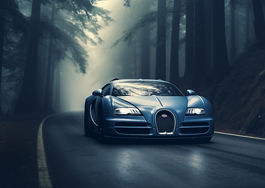 Blue Bugatti on a Forest Road