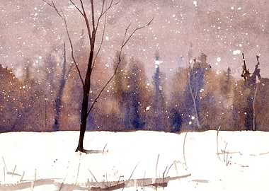Winter Landscape with Snowing Trees