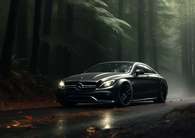 Dark Mercedes CLS in misty forest